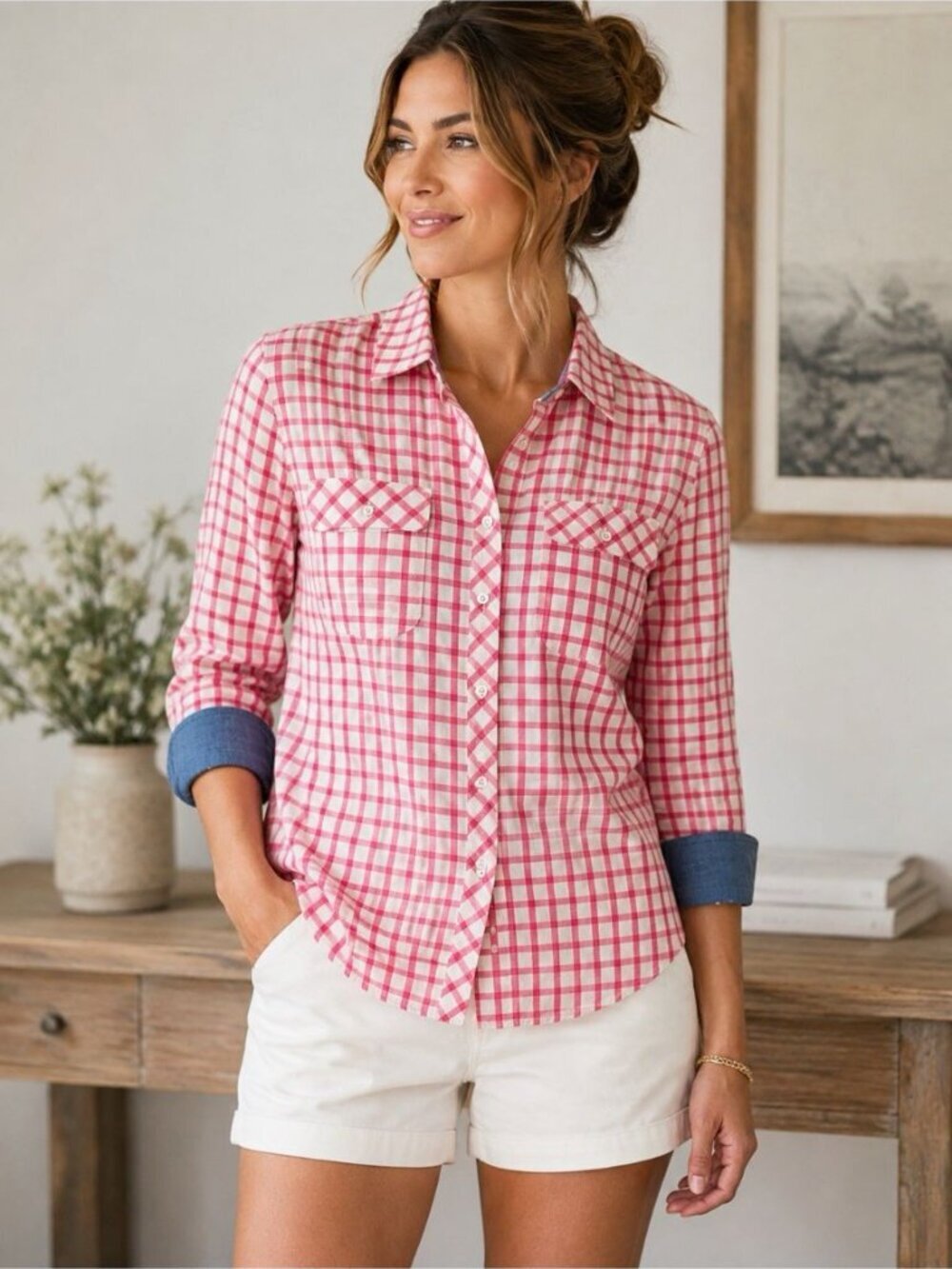 Talbots L Pink Plaid Button Shirt Contrast Cuff Long Sleeve Cotton Preppy Metall